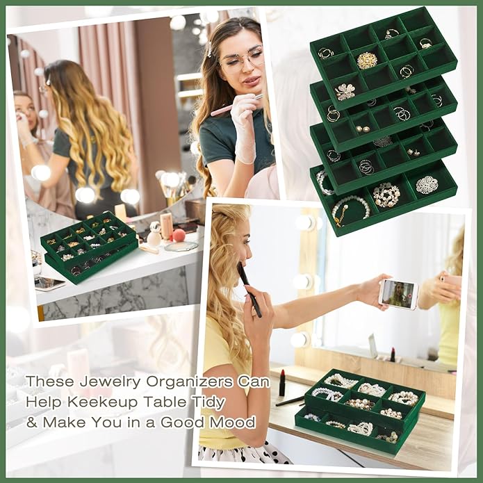 Junkin 12 Pcs Jewelry Tray Velvet Stackable Jewelry Organizer Trays Divided Earring Accessories Storage Containers Box (Rose Red)