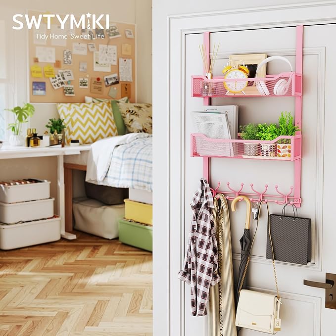 SWTYMIKI Over The Door Hooks Organizer - Multi-Functional Door Hanger with 16 Hooks & 2 Mesh Baskets, Long Coat Rack for Bathroom, Bedroom, Living Room, Home Storage Organizer, Pink