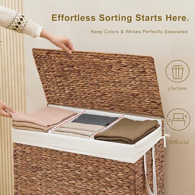 3-Section Laundry Hamper with Lid, Large Capacity Woven Natural Water Hyacinth Laundry Sorter with Removable Liners, Rolling or Non-Slip Design for Bedroom (Espresso, 3-Section)