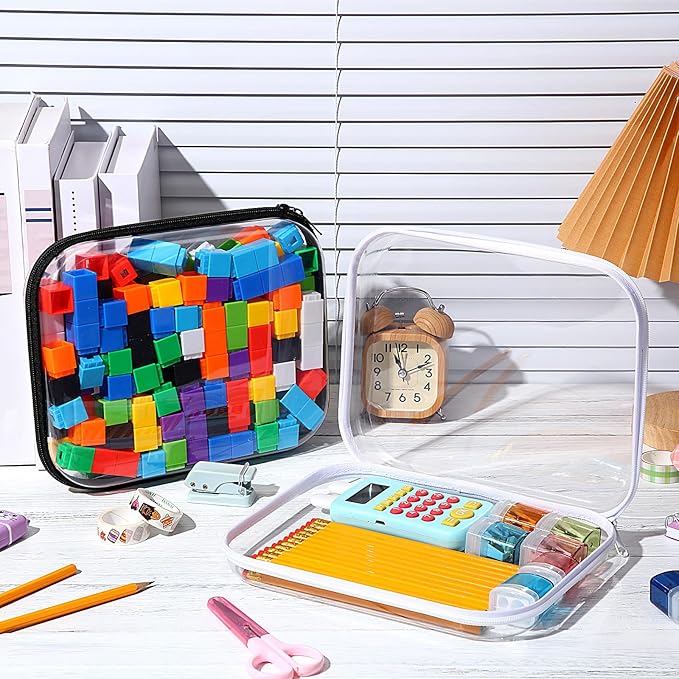 Hoolerry 4 Pcs Hard Clear Zipper Case Makeup Bags Plastic Pencil Pouch Transparent Storage Box Containers for Cosmetics, Snacks, Building Blocks, Puzzles(Black and White,9.8 x 7.9 x 2 in)