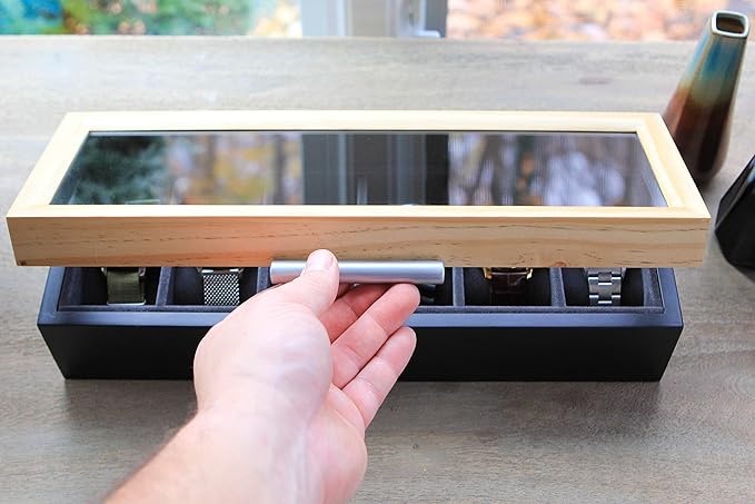 CASE ELEGANCE Two-Toned Pine and Black Base with Modern Aluminum Handle 6-Slot Watch Box with Real Glass