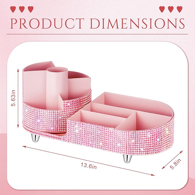 Teen Girls Women Gift 360 Rotating Bling Makeup Organizer Large Rhinestone Diamond Bathroom Organizer Girly Skin Care Brush Holder for Countertop,Bathroom Essentials(Pink,Rhinestone)