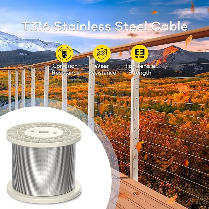 BLIKA 50FT 304 Stainless Steel Cable, Stainless Steel Decking Railing 3/16 inch with 7 x 19 Strand Construction, 3700lbs Breaking Strength Marine Grade for Rail, Deck, Clothesline and DIY Balustrade