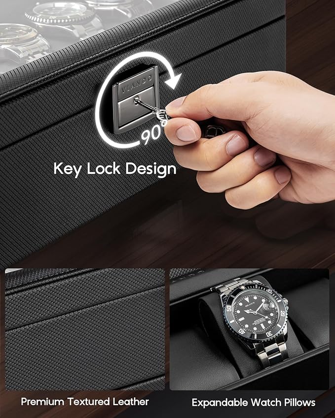 Vlando 6-Slot Watch Case for Men, Watch Box with Glass Lid, Storage for Rings, Keys, Business Textured Leather Organizer Display Case, Soft Pillow, Gifts for Fathers, Dad, Husband - Black