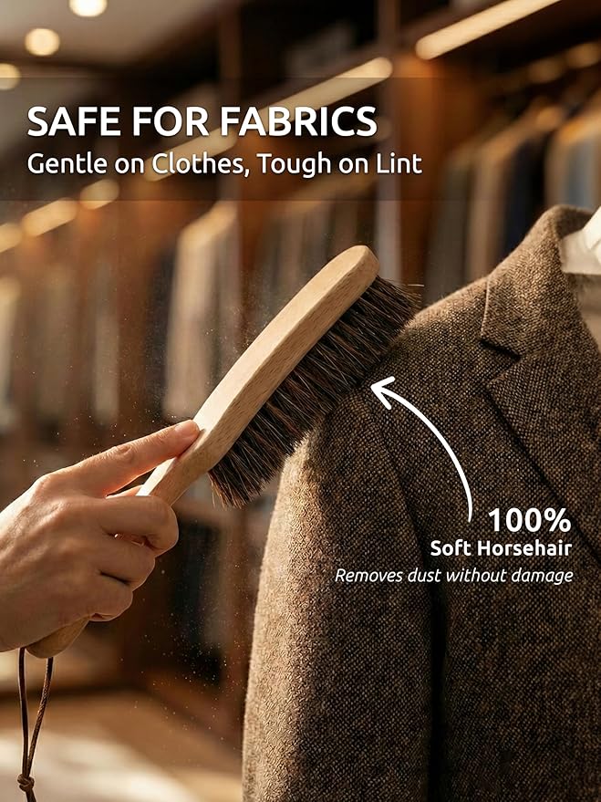 Lint Brush for Clothes with 100% Soft Horse Hair Bristle, Large Beech Wood Handle, Lint Remover for Hat, Pet Hair, Suits, Cashmere, Wool, Velvet, Suede, Shoe