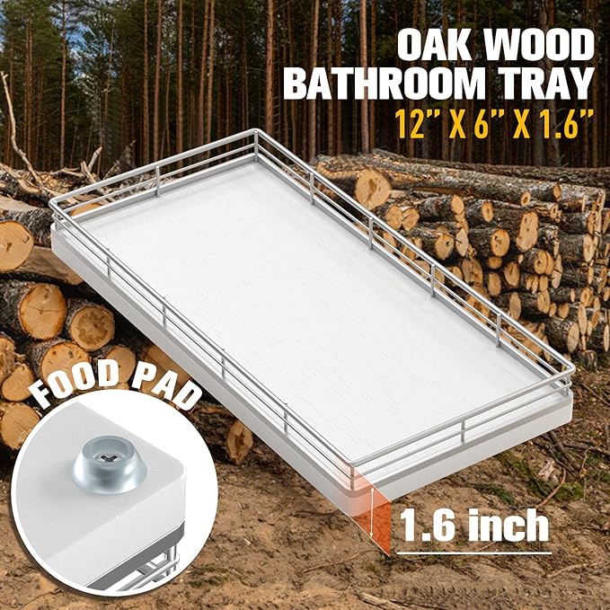 Bathroom Vanity Tray – 12" x 6" Oak Decorative Wooden Tray for Toilet Tank Organizer Wood Tray for Bathroom Countertop, Soap, Perfume & Accessories Storage, Vanity Dresser Decor, Sliver & White