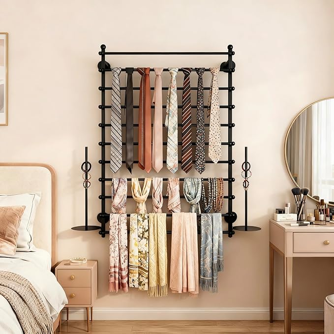 12 Layers 80cm Black Wall Display Stand Wrapping Paper Ribbon Organizer Tie Scarf Rack Belt Towel Holder Spool Hijab Stand Metal Shelving for Home, Retail Stores, Flower Shop, Studio, Sewing