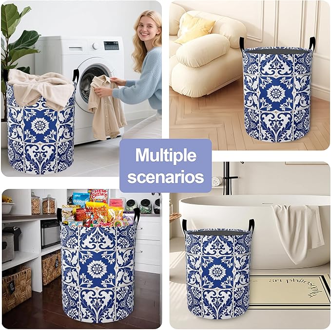 Blue Laundry Basket-Large Foldable Hamper Holder Portable Tall Collapsible Laundry Hamper Storage Basket Bin with Handles, Canvas & Waterproof lining for Household Items