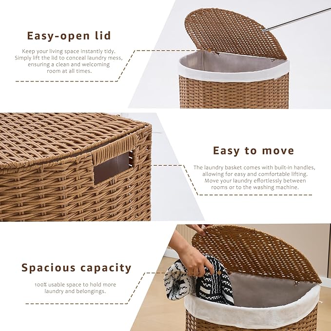 Wicker Half Moon Laundry Basket with Lid and 2 Replaceable Liner Bags, Handwoven Rattan Hamper for Dirty Clothes, Rattan, 60L