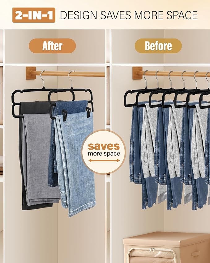 Velvet Pants Hangers with Double Non Slip Bar - with Adjustable Clips- Thin Space Saving Clothes Hanger - 360° Swivel Felt Trouser Hanger Perchas Terciopelo 10 Pack (Black)