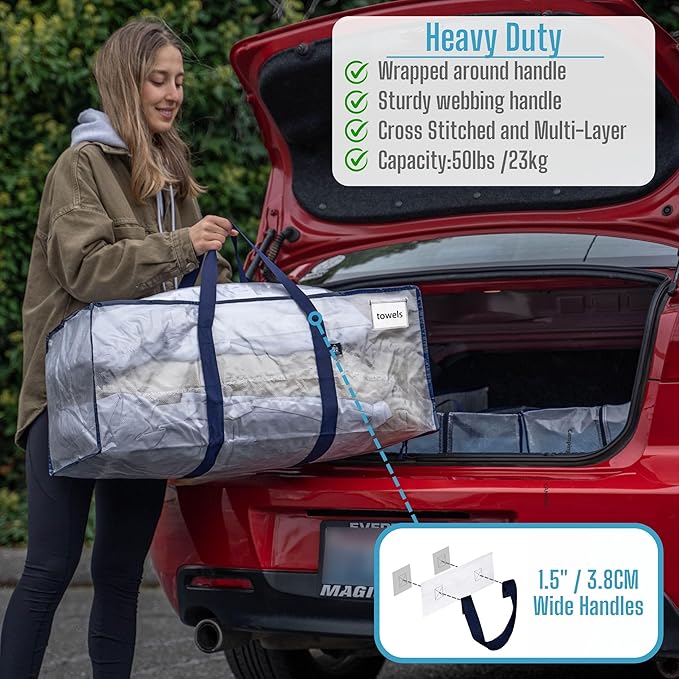 VENO 6 Pack Moving Bags, Christmas Storage Containers, Storage Bins with Lids, Reinforced Wraparound Handles, Packing Bags for Clothes, Bedding, Comforters (Clear, 6 Pack)