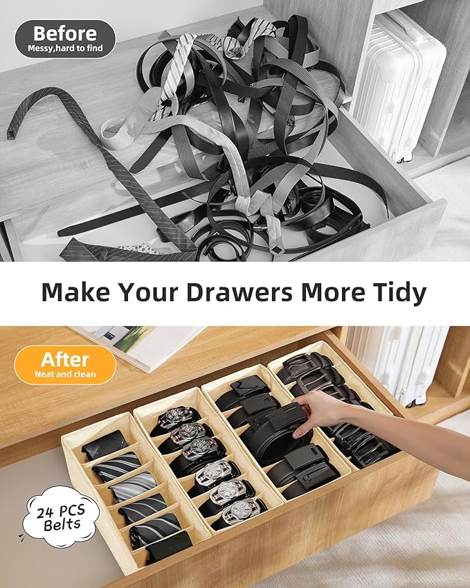 4 PCS Belt Organizer for Closet, 6 Grids Belt Holder, Washable Belt Box, Foldable Tie Organizer for Men, Belt Storage for Drawer (Beige, 13.38inch)