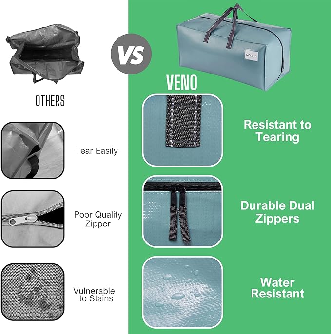 VENO 4 Pack Heavy Duty Moving Bags with Backpack Straps, Zippers & Handles, Extra Large Packing Bags for College Dorm Essentials, Moving Supplies Alternative to Cardboard Moving Boxes