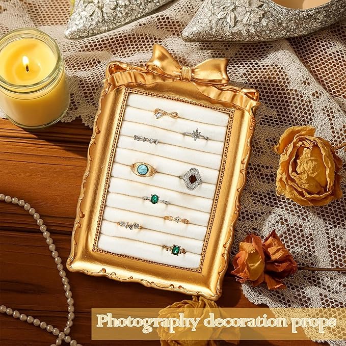 Vintage Ring Holder Bow Gold Ring Wedding Display Suede Jewelry Box Stand Frame Earring Tray Anniversary Engagement Baroque Organizer Photograph Prop for Women Birthday Christmas Gift