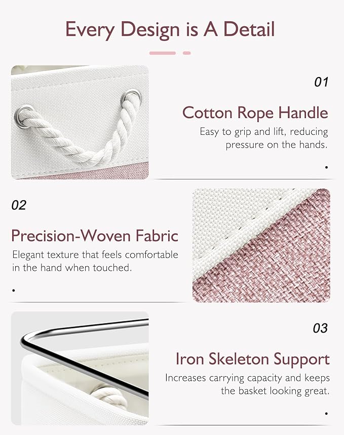 11 Inch Storage Cubes 4-Pack, Foldable Fabric Organizer Bins with Rope Handles, Cube Storage Baskets for Closet Shelves and Home Organization(White/Pink)