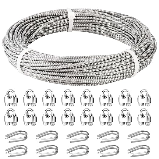 3/16 Wire Rope, 50ft Stainless Steel Cable with Wire Rope Clamps & Thimble, 3700lbs Breaking Strength, 7X19 Strands Aircraft Cable for Zipline, Deck Railing, Clothesline