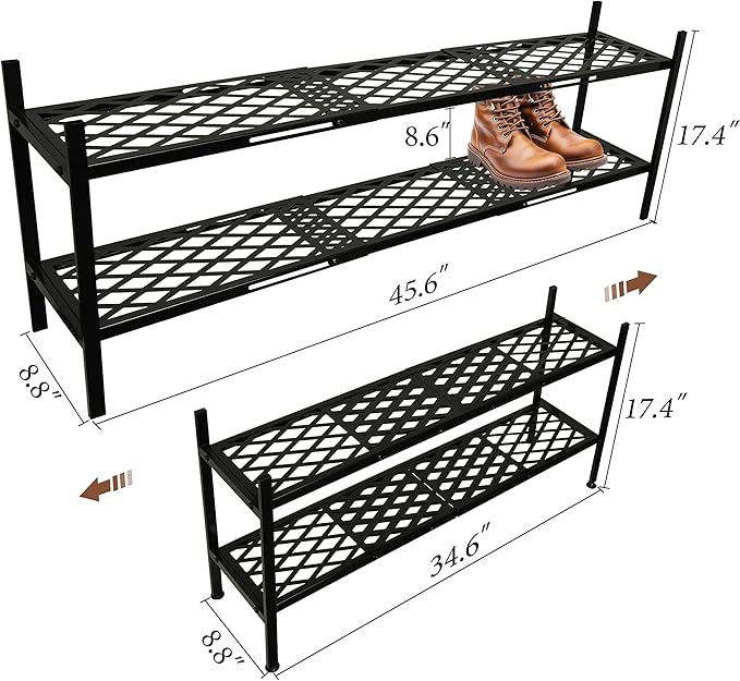 Shoe Rack, Expandable Shoes Organizer Metal Shelf Stand, 2 Tier Stackable Long Shoe Storage Holder For Closet, Floor, Entryway, Garage, Bedroom, Door Entrance For 12-18 Pairs, 45.6 inches Black