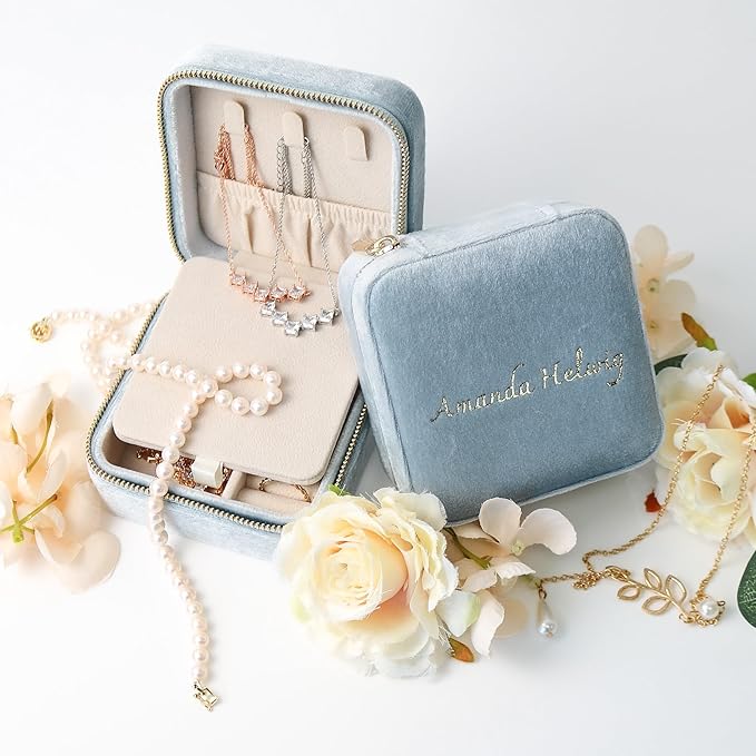Customizable Compact Velvet Jewelry Box with Mirror, Travel Jewelry Case, Travel Jewelry Organizer, Jewelry Box for Women and Girls, Small Jewelry Organizer (Center Text, Powder Blue)