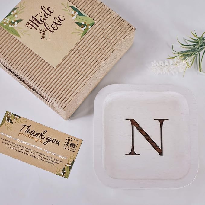 I'm Wooden Personalized Letter Catchall Valet Tray Trinket Dish Jewelry Tray Key Bowl Decorative Plate Organizing Ring Earrings Necklaces Bracelet Watch Coins Wallet Holder (6"x6" Sq White N)