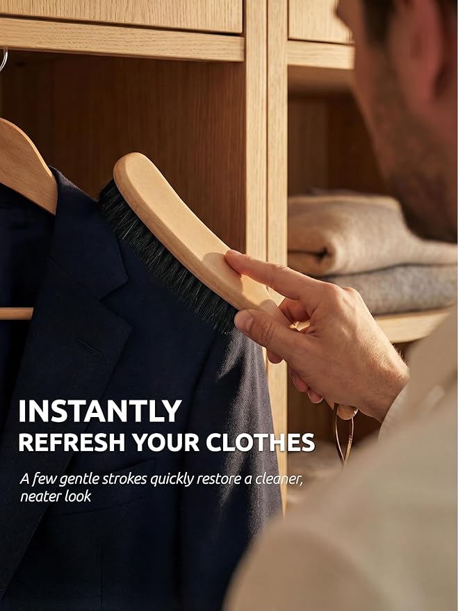 TAKAVU Clothes Brush Hat Brush, Black Boar Bristle Lint Brush with Large Beech Wood Handle - Perfect for Pet Hair, Suits, Velvet, Cashmere, Wool, Suede, Shoe - Effective Lint Remover