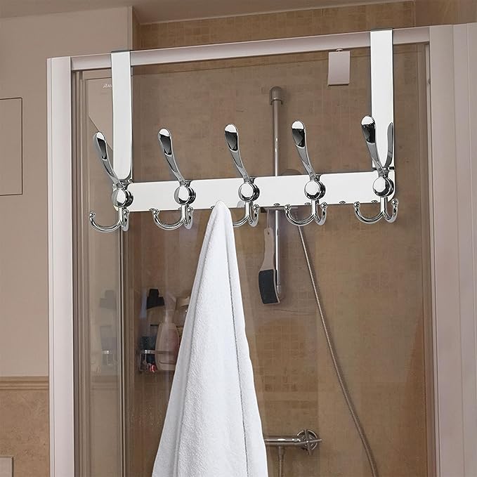 Dseap Over The Door Hook Hanger - Fits 1 3/8" to 1 3/4" Standard Doors | 5 Tri Hooks Heavy Duty Towel/Coat Rack | Door Organizer for Clothes, Jackets, Hats, Towels, Chromed