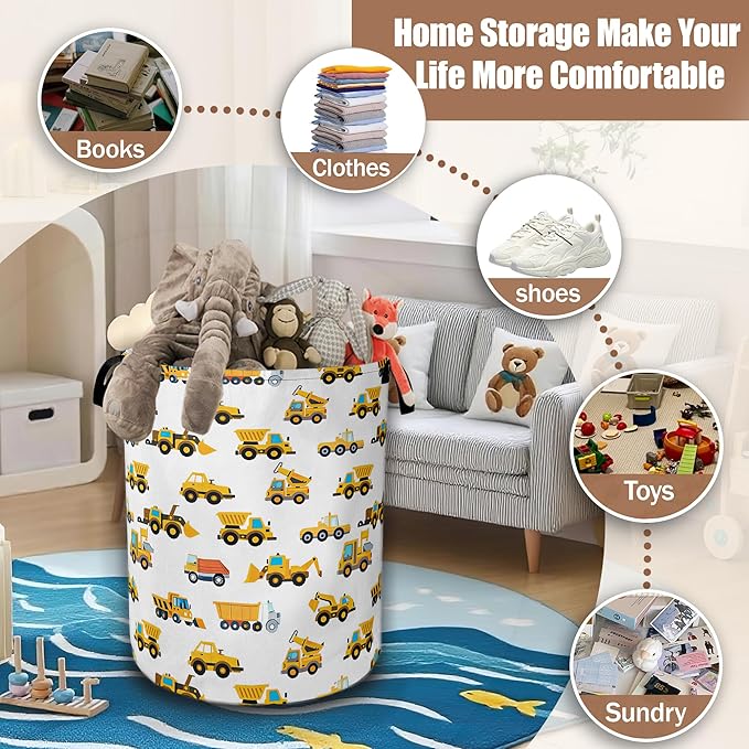 Construction Machines Laundry Hamper,Tractor Laundry Baskets,Waterproof Oxford Cloth Toy Storage for Bedroom,Bathroom,Nursery,16x20.8 Inch
