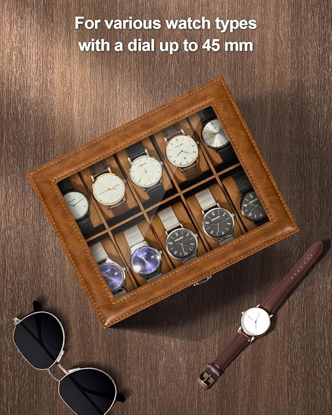 Uten 10-Slot Watch Box, PU Leather Watch Case with Glass Lid, Watch Holder Organizer with Soft Pillow and Velvet Lining, Watch and Jewelry Storage Box