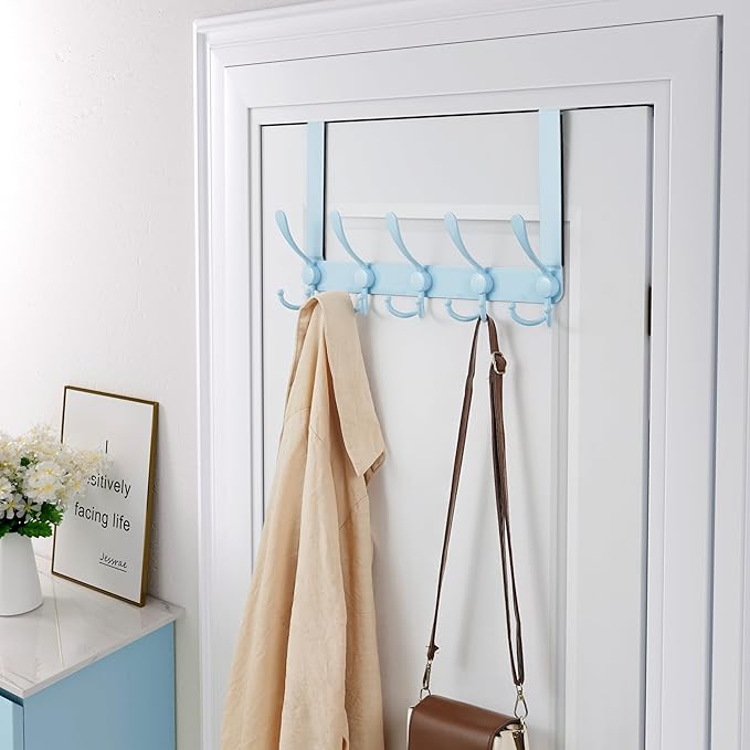 Dseap Over The Door Hook Hanger - Fits 1 3/8" to 1 3/4" Standard Doors | 5 Tri Hooks Heavy Duty Towel/Coat Rack | Door Organizer for Clothes, Jackets, Hats, Towels, Blue