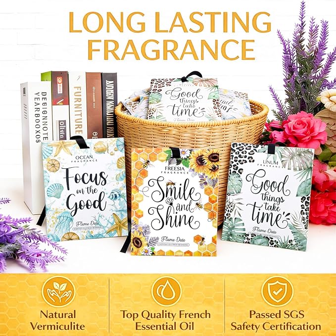 6 Pack Inspirational Scented Sachets - Valentines Day Girlfriend Gifts for Wife | Natural Moth Repellent for Closets, Air Freshener for Home | Shoe & Car Deodorizer for Drawer (Ocean, Linen, Freesia)