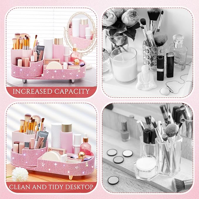 Teen Girls Women Gift 360 Rotating Bling Makeup Organizer Large Rhinestone Diamond Bathroom Organizer Girly Skin Care Brush Holder for Countertop,Bathroom Essentials(Pink,Rhinestone)