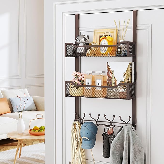 SWTYMIKI Over The Door Hooks Organizer - Multi-Functional Door Hanger with 16 Hooks & 2 Mesh Baskets, Long Coat Rack for Bathroom, Bedroom, Living Room, Home Storage Organizer, Bronze
