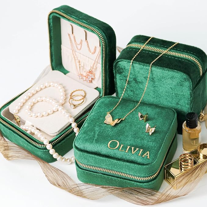 Customizable Compact Velvet Jewelry Box with Mirror, Travel Jewelry Case, Travel Jewelry Organizer, Jewelry Box for Women and Girls, Small Jewelry Organizer (Bottom Right Text, Emerald Green)