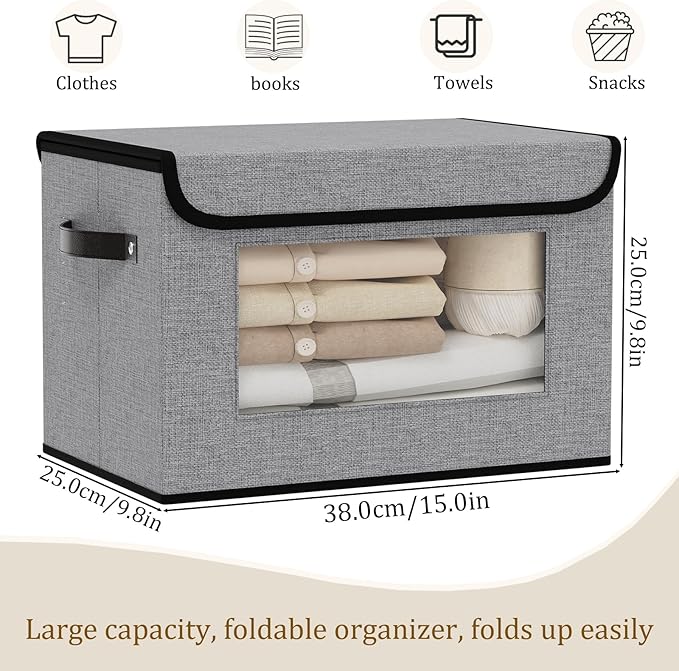 Storage Bins with Lids, Decorative Storage Boxes with Handles, 15 x 9.8 x 9.8 Inch Closet Organizers for Shelves Bedroom Office, Gray, 3-Pack