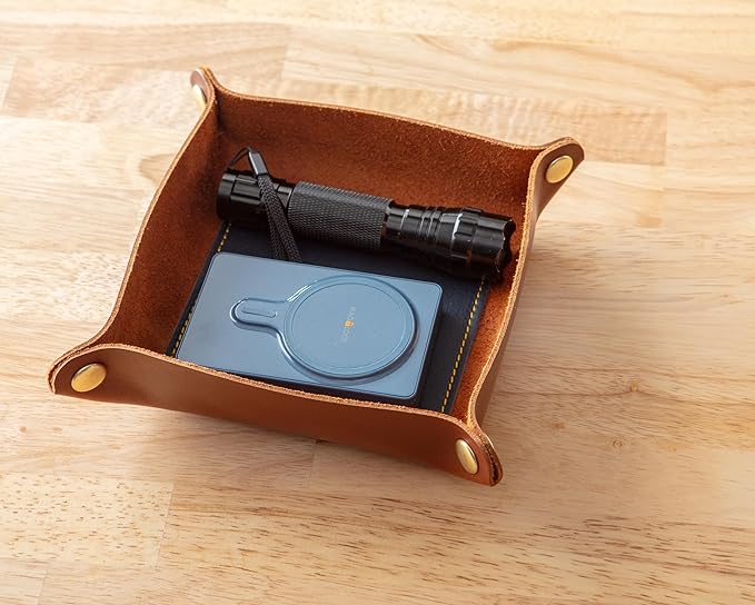 USA Handmade Premium Leather Valet Tray, Folds Flat! Dice Rolling Basket and Organizer with Brass Snaps (Chestnut and Blue Gold, Medium)