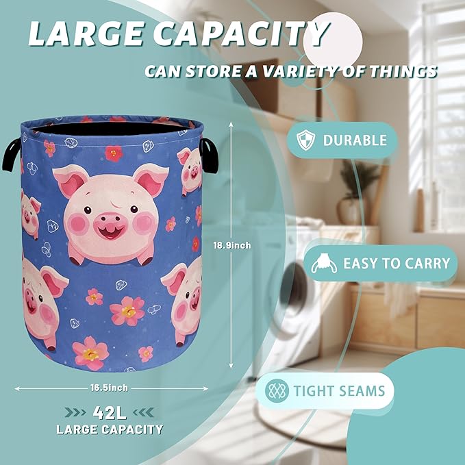 Cute Pig Laundry Hamper Foldable With Handles Colorful Animal Tote Bag Universal Oxford Cloth Funny Laundry Basket Clothes Toy Storage Bucket 18.9" x 16.5 "For Bathroom/Laundry/Bedroom