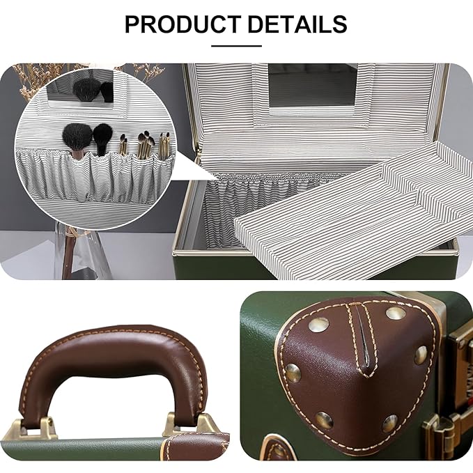 urecity Vintage Makeup Train Case with Metal Combination Lock, Green Artificial Leather, Professional Cosmetic Organizer Storage Box with Striped Interior