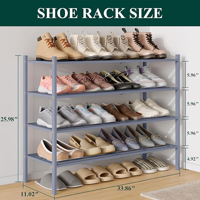 Smiry Long Bamboo Shoe Rack 4-Tier, Stackable Wooden Shoe Organizer for Entryway & Closet, Free Standing Wood Shoe Storage Shelf for Front Door & Small Spaces, Grey