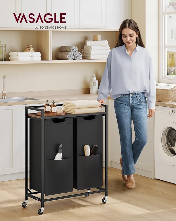 VASAGLE Laundry Sorter, 29 Gal. (110 L) Laundry Hamper Basket with 2 Compartments, Rolling Cart with Wheels, Shelf, Removable Bags, Pockets, Ink Black and Rustic Brown UBLH021B01
