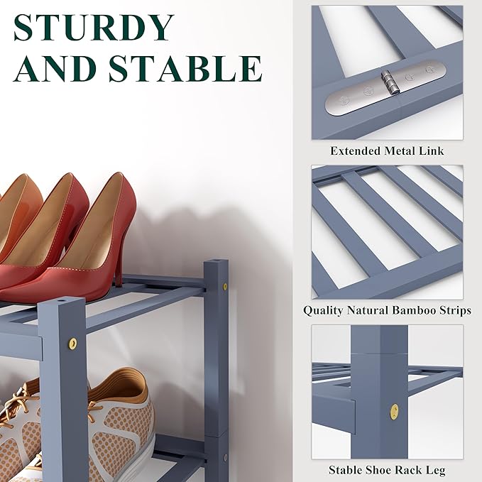 Smiry Bamboo Shoe Rack for Closet, 3 Tier Wooden Stackable Shoe Organizer, Free Standing Shoes Storage Shelf for Entryway, Front Door Entrance, Grey