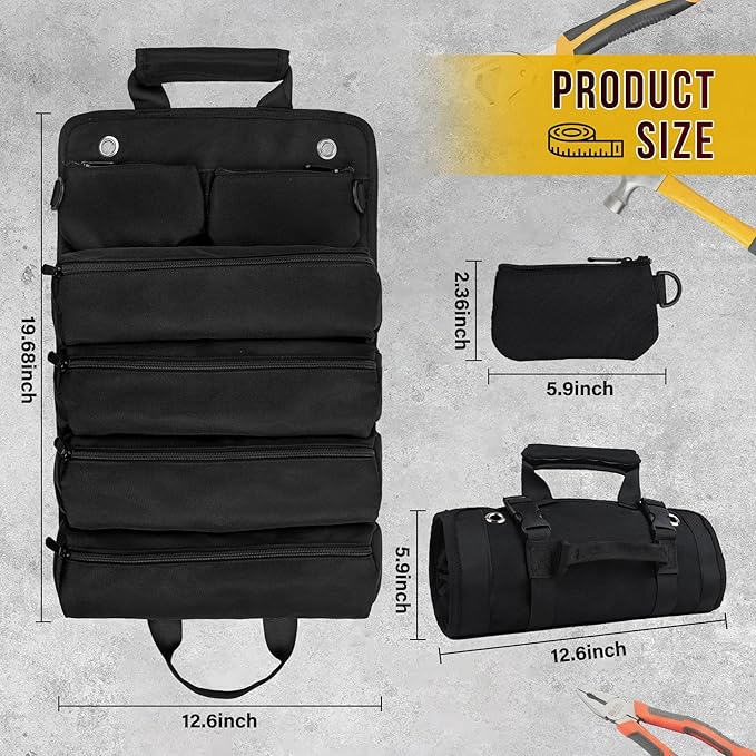Tool Bag, Tool Bags for Men, Heavy Duty Tool Organizer, Portable Roll Up Tool Bag Gifts For Him, Mechanic, Electrician and Hobbyist, Car Tool Roll Organizer - Black