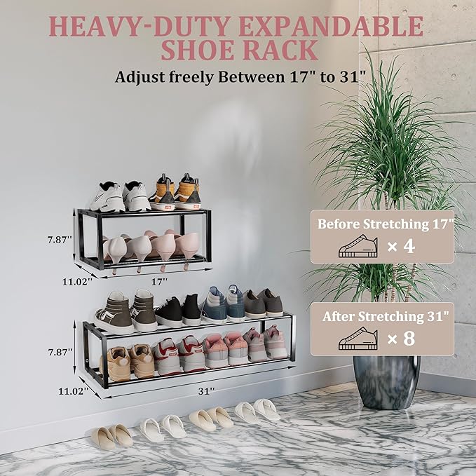 3 Pack Expandable Wall Mounted Shoe Rack, 17"-31" Adjustable Hanging Shoe Rack Holds 24 Pairs, Heavy Duty Metal Shoe Holder with 6 Storage Hooks, Space Saving for Entryway Closet Doorway（Black