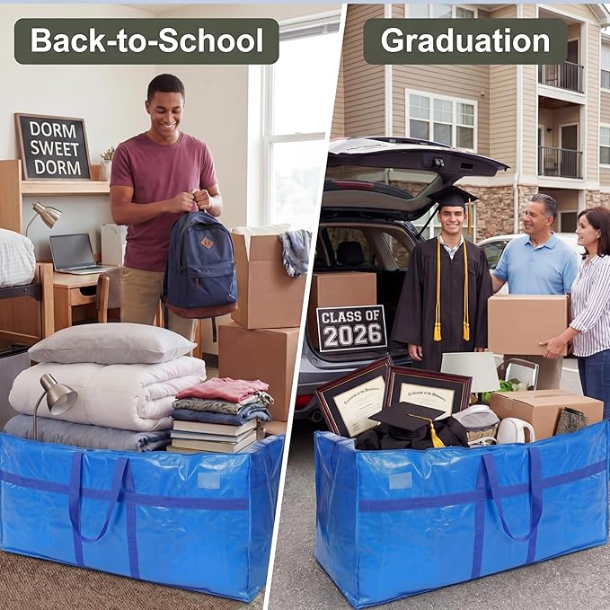 4 Pcs 66 Gallon Extra Large Moving Bags Heavy Duty Storage Bag with Strong Zipper Handle Foldable XXL Jumbo Storage Tote Packing Moving Box for College Dorm Travel Cloth Duffle (Blue)