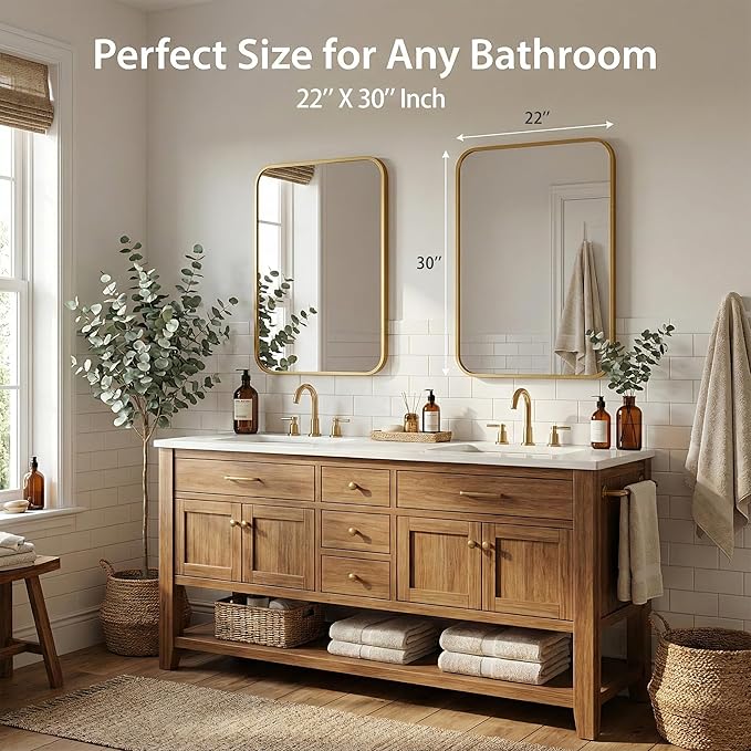 2 Pack Bathroom Mirrors for Over Sink, 22"x30" Gold Framed Vanity Mirror, Rounded Corner Rectangular Metal Mirror for Wall, Mid Century Modern Decor