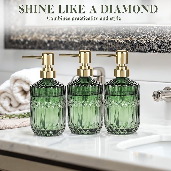 6 Pack Glass Soap Dispenser with Pump 15.2 oz Refillable Liquid Hand Soap Dish Soap Dispensers Vintage Soap Dispenser Liquid Bottle for Kitchen Sink Bathroom Counter(Green,Gold Pump Head)