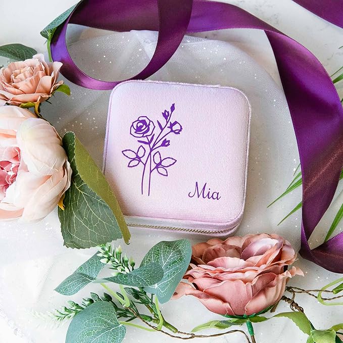 Customizable Compact Velvet Jewelry Box with Mirror, Travel Jewelry Case, Travel Jewelry Organizer, Jewelry Box for Women and Girls, Small Jewelry Organizer (Flower Design, Lavender Pink)