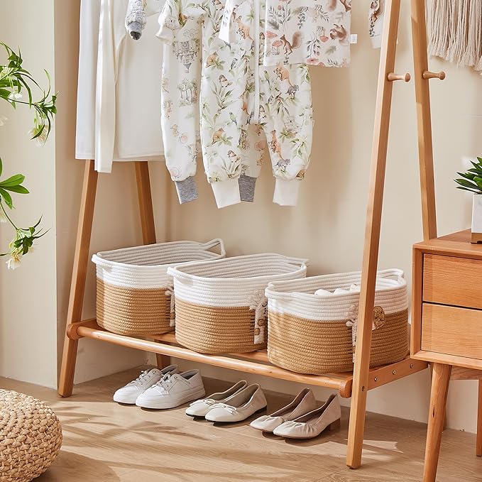 Storage Bins Woven Baskets for Storage Set of 3, Cotton Rope Basket with Handles for Toys/Shelves/Laundry, Rectangle Multi-Purpose Organizer for Living Room, Bedroom, Nursery (Giraffe)