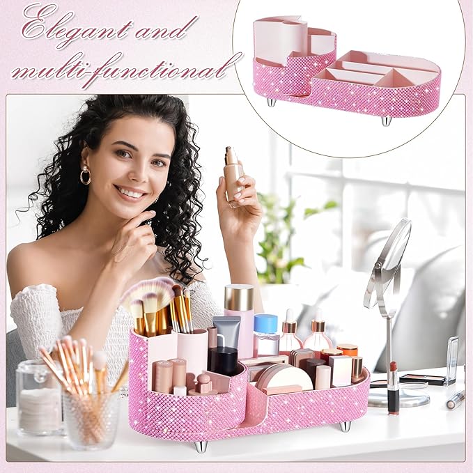Teen Girls Women Gift 360 Rotating Bling Makeup Organizer Large Rhinestone Diamond Bathroom Organizer Girly Skin Care Brush Holder for Countertop,Bathroom Essentials(Pink,Pearl Rhinestone)