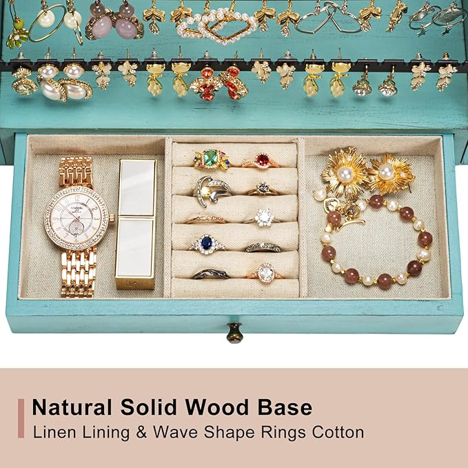 Pinzoveco Earring Organizer, 5 Layer Earring Holder Organizer with Necklace Holder Pole, Rustic Wood Jewelry Organizer Stand Display for Stud Earring Bracelet Necklace Ring, 175 Earring Holes