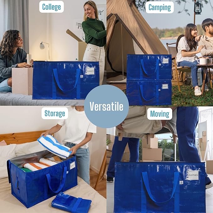 VENO 10 Pack Moving Bags, Upgraded Heavy Duty, Moving Boxes Alternative, Packing Storage Supplies for Dorm Room Essentials with Zipper for Clothes, Large Totes for Packaging (Blue, 10 Pack)