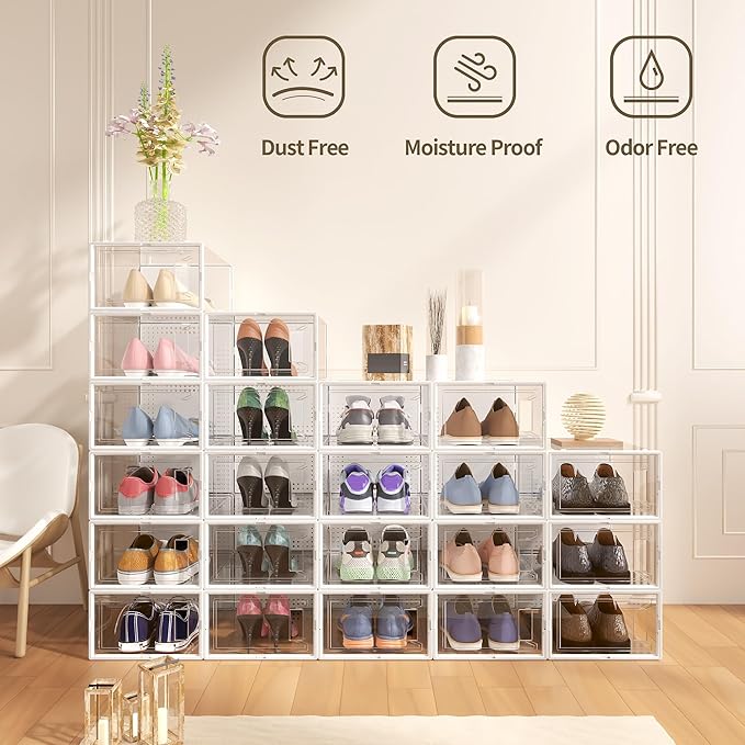 Secret Space 12 Pack XX Large Shoe Storage Organizer for Closet, Modular Space Saving Shoe Boxes Clear Plastic Stackable Containers Display Case Bins with Lids, Shoe Rack for Sneaker Storage, White
